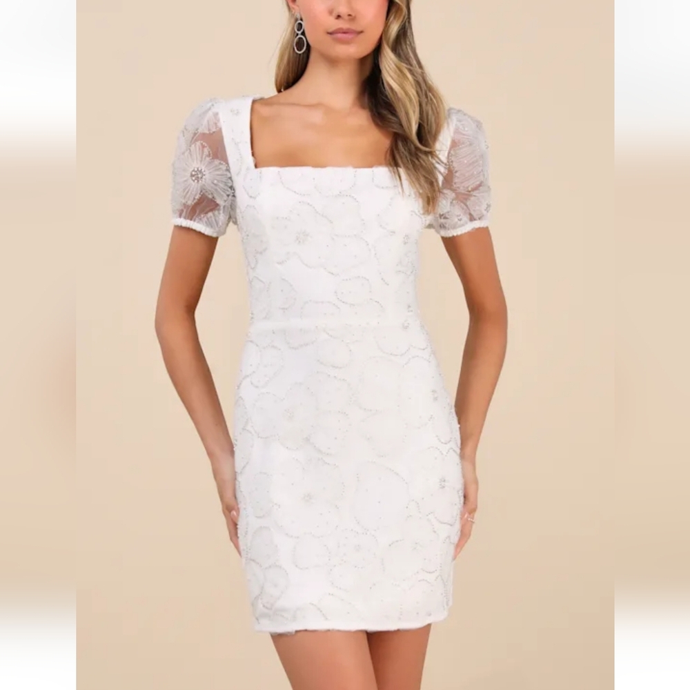 Lulus NWT Tarabya White 3D Floral Beaded Mini Dress